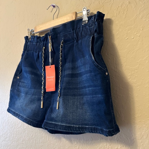 Flamingo  Dark Blue Jean Shorts with Golden Chain Drawstring - Picture 6 of 8